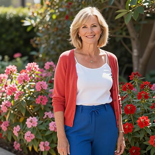 Smiling Middle-Aged Woman in Garden