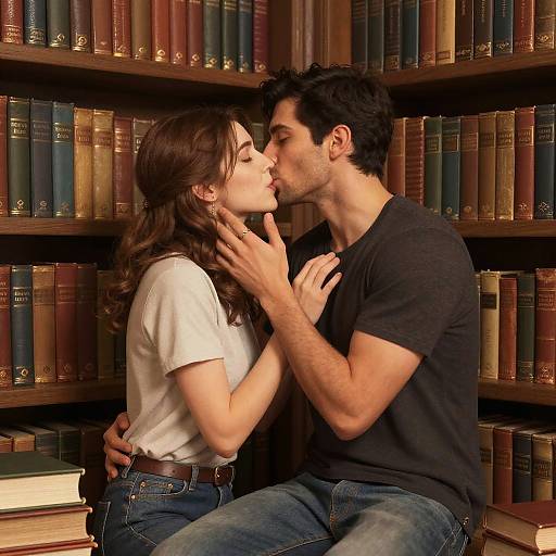 Passionate Embrace in Ancient Library