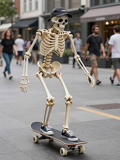 Skeleton Skateboarding in Urban Plaza