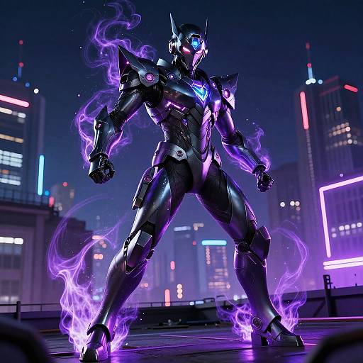 Digital artwork of a futuristic, armored robot with glowing purple energy and flames, standing in a neon-lit cityscape at night.