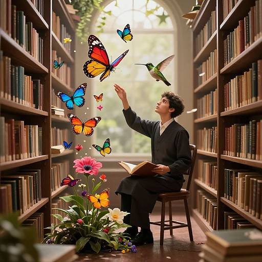 Photograph: Man in black shirt, seated in library, reaches for colorful butterflies, surrounded by books and vibrant flowers, with a hummingbird nearby.