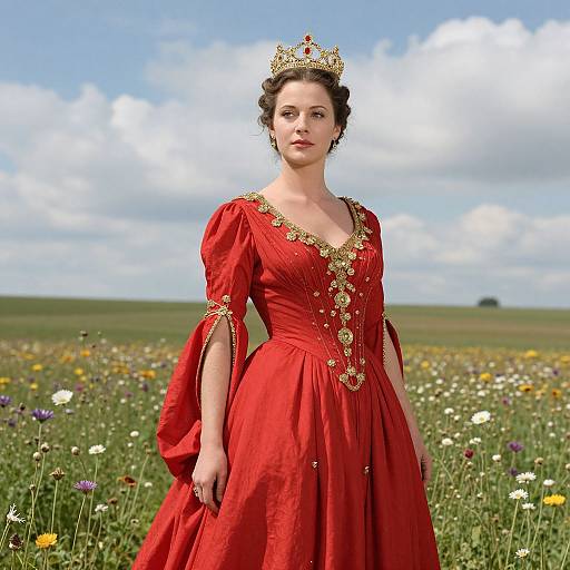 Photograph of a fair-skinned woman with curly brown hair, wearing a red, gold-embellished gown and gold crown, standing in a