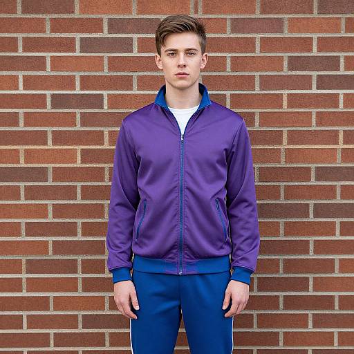 Photograph of a young Caucasian man with short brown hair, wearing a purple track jacket and blue pants, standing against a red brick wall.