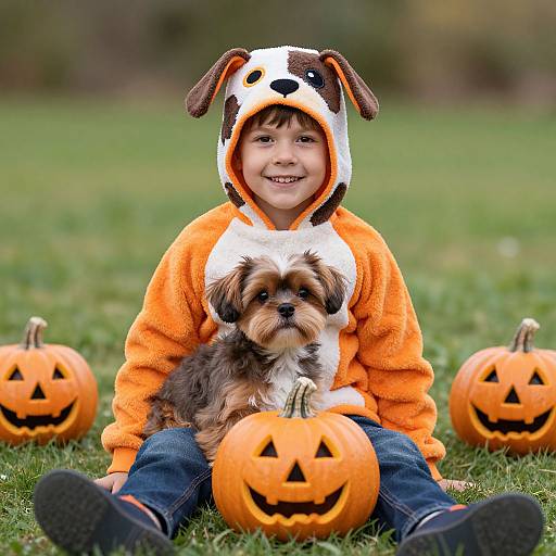 Photograph of a smiling boy in an orange and white dog onesie with dog ears, sitting on grass with a small Shih Tzu puppy on