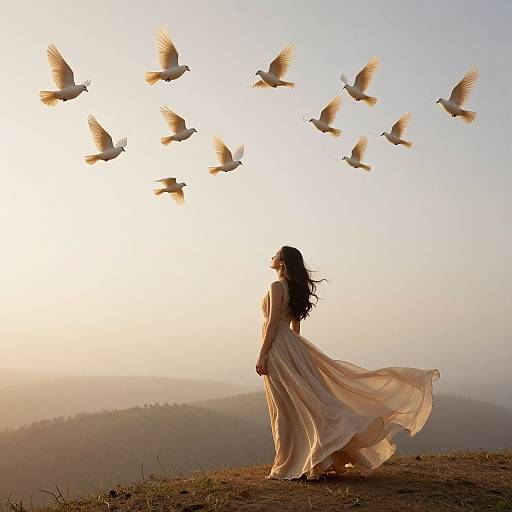 Photograph of a woman in a flowing white dress, silhouetted against a sunrise, standing on a hill, watching a flock of white birds