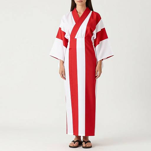 Photograph of an Asian woman wearing a red and white vertical striped kimono with wide sleeves, black sandals, and standing against a white background.