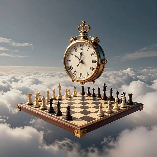 Ethereal Chessboard Beneath Towering Clock