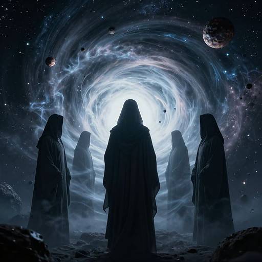 Digital art of five robed figures standing in a dark, cosmic landscape, facing a bright, swirling vortex with planets in the starry background.