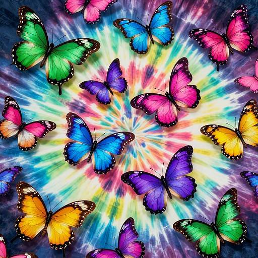 Vibrant digital artwork of colorful butterflies (green, blue, pink, orange, yellow) circling a radiant, multicolored light burst background