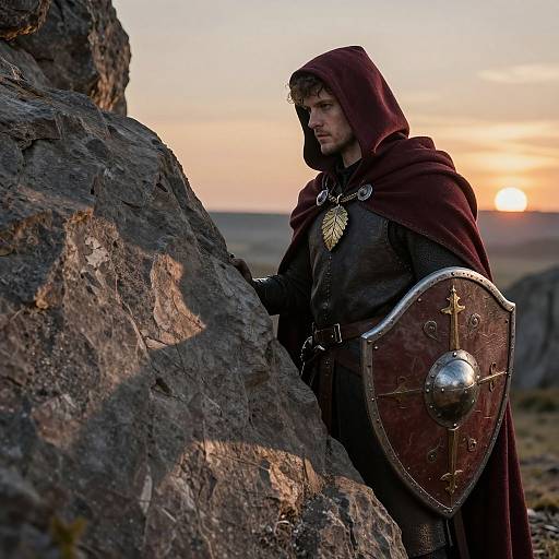 Medieval knight with red hooded cloak, black armor, and shield, stands against rocky landscape at sunset, holding large round shield. Photograph.