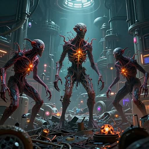 Digital artwork of three grotesque, tentacled alien creatures with glowing orange centers standing in a dark, futuristic, industrial laboratory.