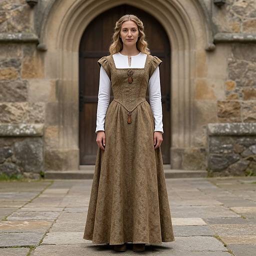 Photograph of a young woman with wavy blonde hair, wearing a brown Renaissance-style dress with white blouse, standing in front of a stone church door