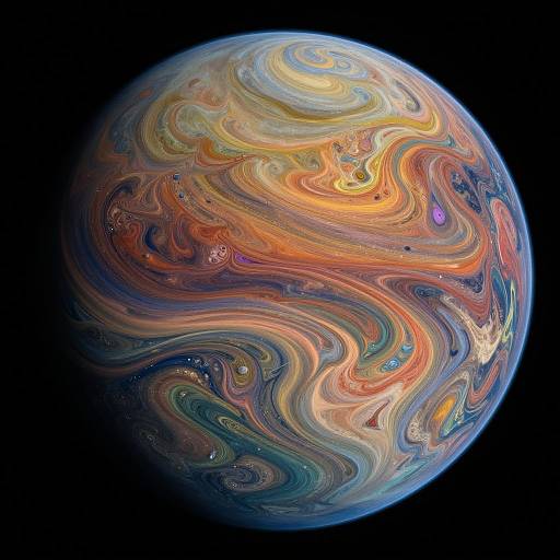 Digital art of a vibrant, swirling planet with dynamic, colorful marbled patterns in reds, oranges, blues, and greens against a black space background