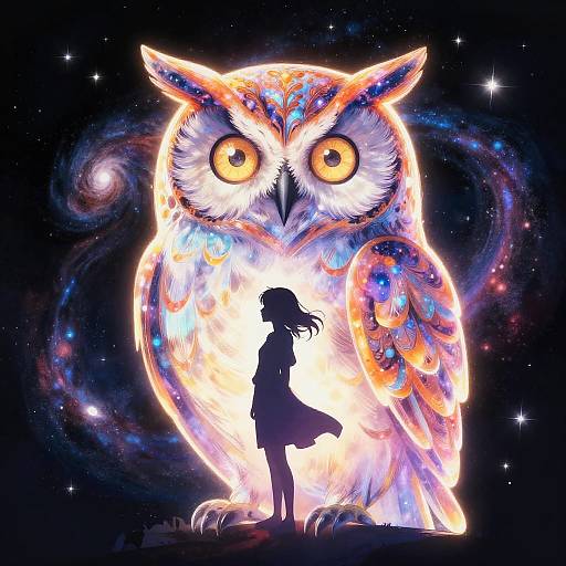 Glowing Cosmic Owl with Silhouette Girl