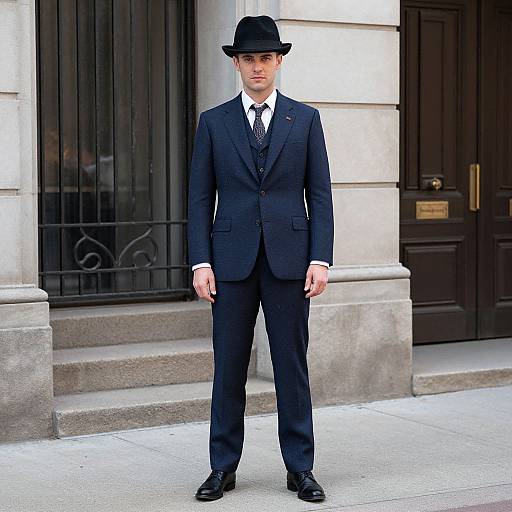 Photograph of a young Caucasian man in a black suit, white shirt, black tie, and black fedora, standing outside a classic building with dark