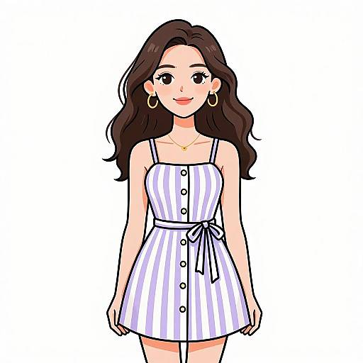 Digital cartoon of a smiling woman with long brown hair, wearing a white and purple striped sleeveless dress with buttons and a bow, and gold hoop earrings