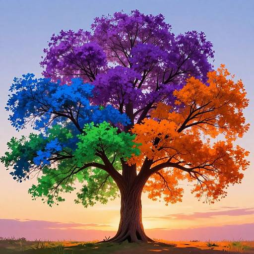 Vibrant digital artwork of a multicolored tree with purple, blue, green, orange, and red leaves against a sunset sky.