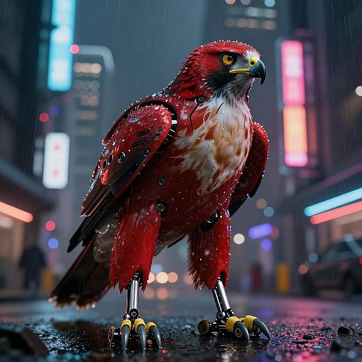 Bionic Crimson Hawk in Cyberpunk City