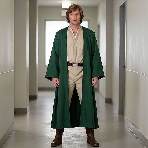 Photograph of a man with brown hair, wearing a green long coat over beige robe and pants, brown boots, standing in a brightly lit, white