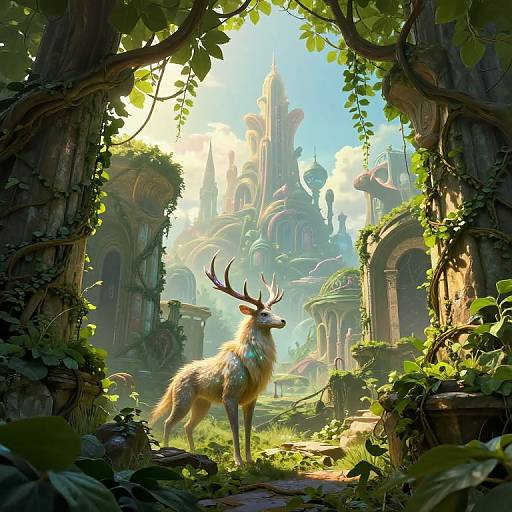Fantasy digital painting of a majestic, golden-furred deer with large antlers standing in a sunlit, enchanted forest clearing, with a mystical,