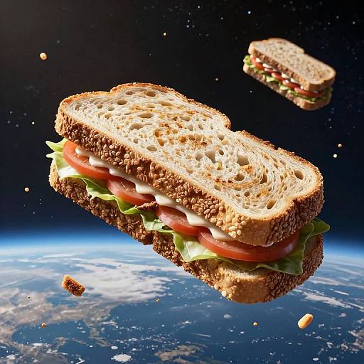 Photorealistic CGI of a floating sandwich with tomato, lettuce, and cheese, against a cosmic background with Earth below. Another sandwich hovers in the