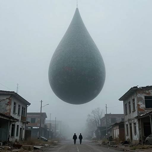 Photograph of a foggy, deserted street with two people walking towards a massive, hovering, teardrop-shaped object between dilapidated buildings.