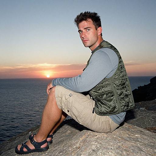 Photograph of a white man with short dark hair, wearing a blue long-sleeve shirt, green vest, beige shorts, and sandals, sitting