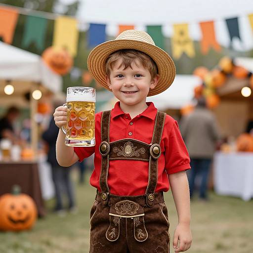 Photograph of a smiling young boy in a red shirt, brown lederhosen, straw hat, holding a glass of beer at an outdoor Halloween
