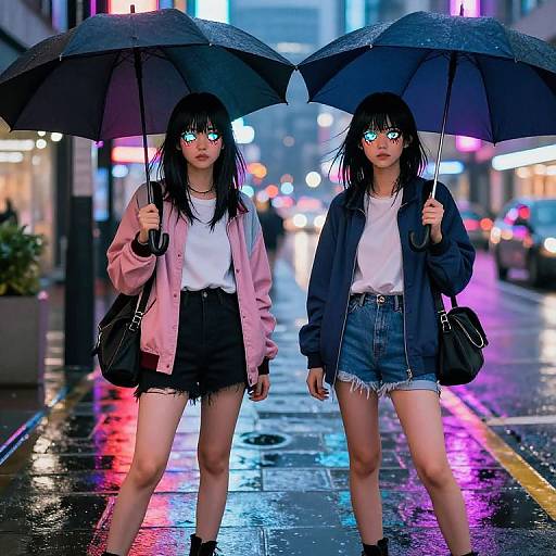 Photograph of two young Asian women with glowing blue eyes, holding black umbrellas, wearing denim shorts and jackets, walking on a rainy city street with