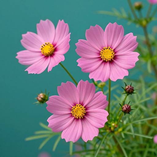Photograph of three vibrant pink cosmos flowers with yellow centers, against a turquoise background, surrounded by green foliage and budding flowers.
