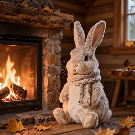 Photograph of a cute, fluffy white rabbit with large ears, wearing a gray knitted scarf, sitting by a cozy wooden fireplace with burning logs,