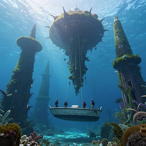 CGI fantasy underwater scene: Three people in a boat suspended by ropes beneath a floating, spiky, green-topped structure, surrounded by towering,