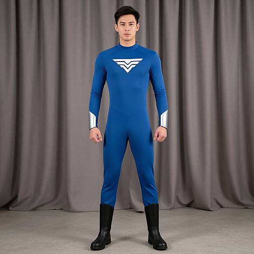Photograph of a young Asian man in a blue superhero suit with white accents, standing against gray curtains, wearing black boots.