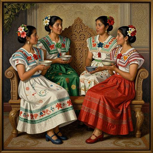 Photograph of three Hispanic women in traditional embroidered dresses, with floral hairpins, sitting on an ornate wooden bench, holding bowls.