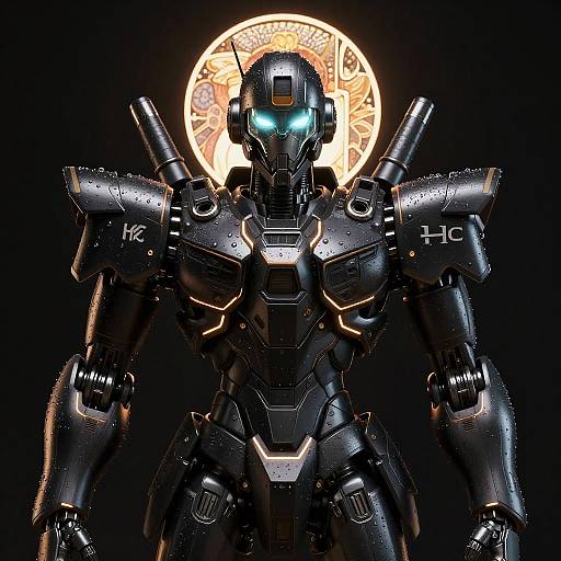 Digital illustration of a black, glowing-blue-eyed mecha with 