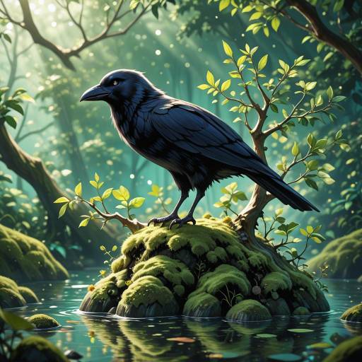 Serene Crow Perched in Lush Foliage Serene Crow Perched in Lush Foliage