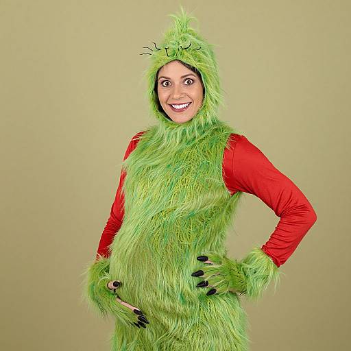 Photograph of a smiling woman in a bright green, fluffy costume with a red long-sleeve shirt, standing against a plain beige background. Costume