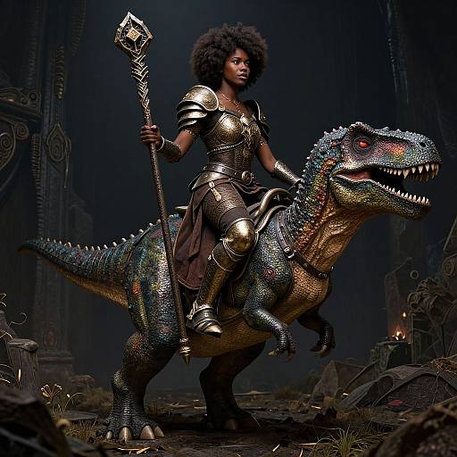 Digital illustration of a dark-skinned, afro-haired woman in shiny, gold armor riding a colorful, textured, dinosaur-like creature, holding a staff