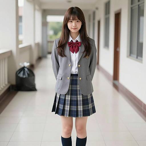 Cheerful Asian Schoolgirl in Hallway