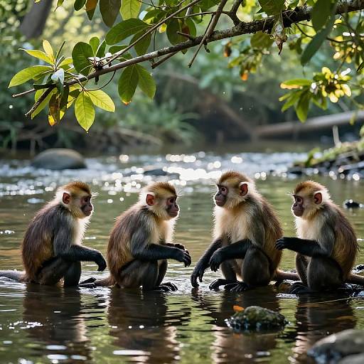 Photograph of four young monkeys with yellow and brown fur standing in a sunlit, shallow forest stream, surrounded by green leaves.