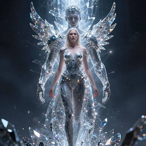 Photorealistic CGI of a blonde woman in a futuristic, silver, crystal-encrusted bodysuit with angel wings, standing against a dark