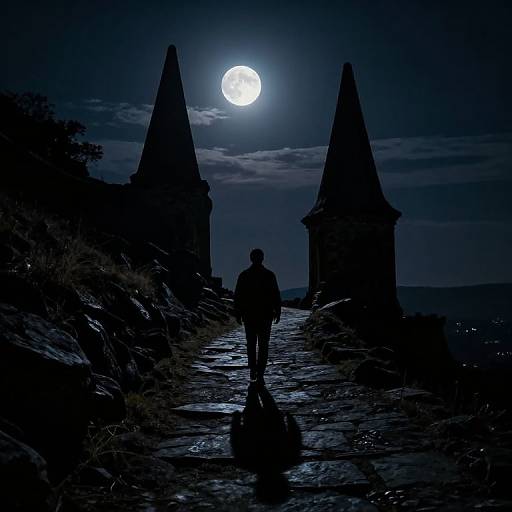 Silhouetted figure walks between two pointed towers under a full moon, dark blue night sky, cobblestone path, eerie, mysterious atmosphere.