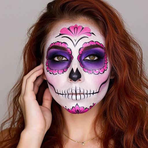 Photograph of a woman with long brown hair, white face painted in Día de los Muertos style, purple and pink floral eye details, black