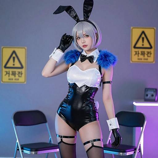 Neon-lit Cosplayer with Bunny Ears