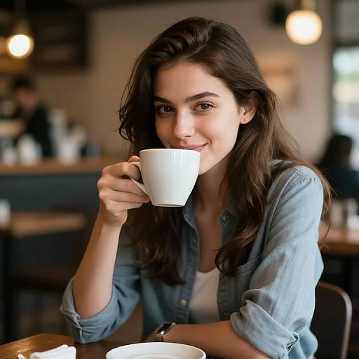 Photograph of a smiling young woman with long brown hair, wearing a blue denim shirt, holding a white coffee cup in a cozy, dimly lit