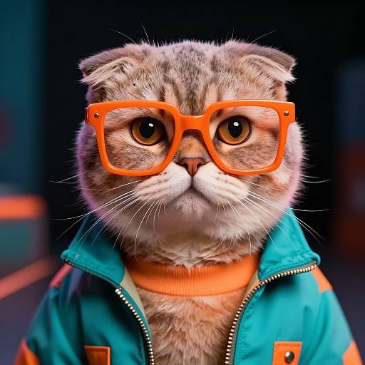 Photorealistic digital artwork of a gray tabby cat with large orange glasses and a teal jacket, looking serious against a blurred dark background.