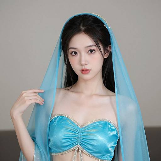 Photograph of an East Asian woman with fair skin, long black hair, wearing a blue, strapless, ruched top and translucent veil.
