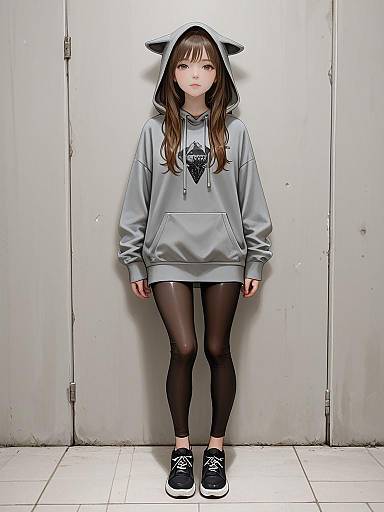 Young Woman in Gray Hoodie and Brown Leggings