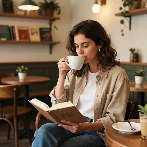Photograph of a curly-haired woman in a beige jacket and white shirt, sipping coffee while reading in a cozy, lit café.