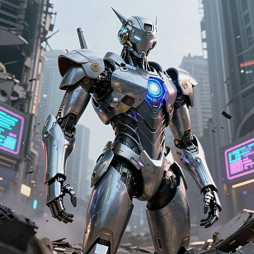 CGI image of a silver, humanoid robot with glowing blue chest light, standing in a futuristic, ruined cityscape with neon signs.